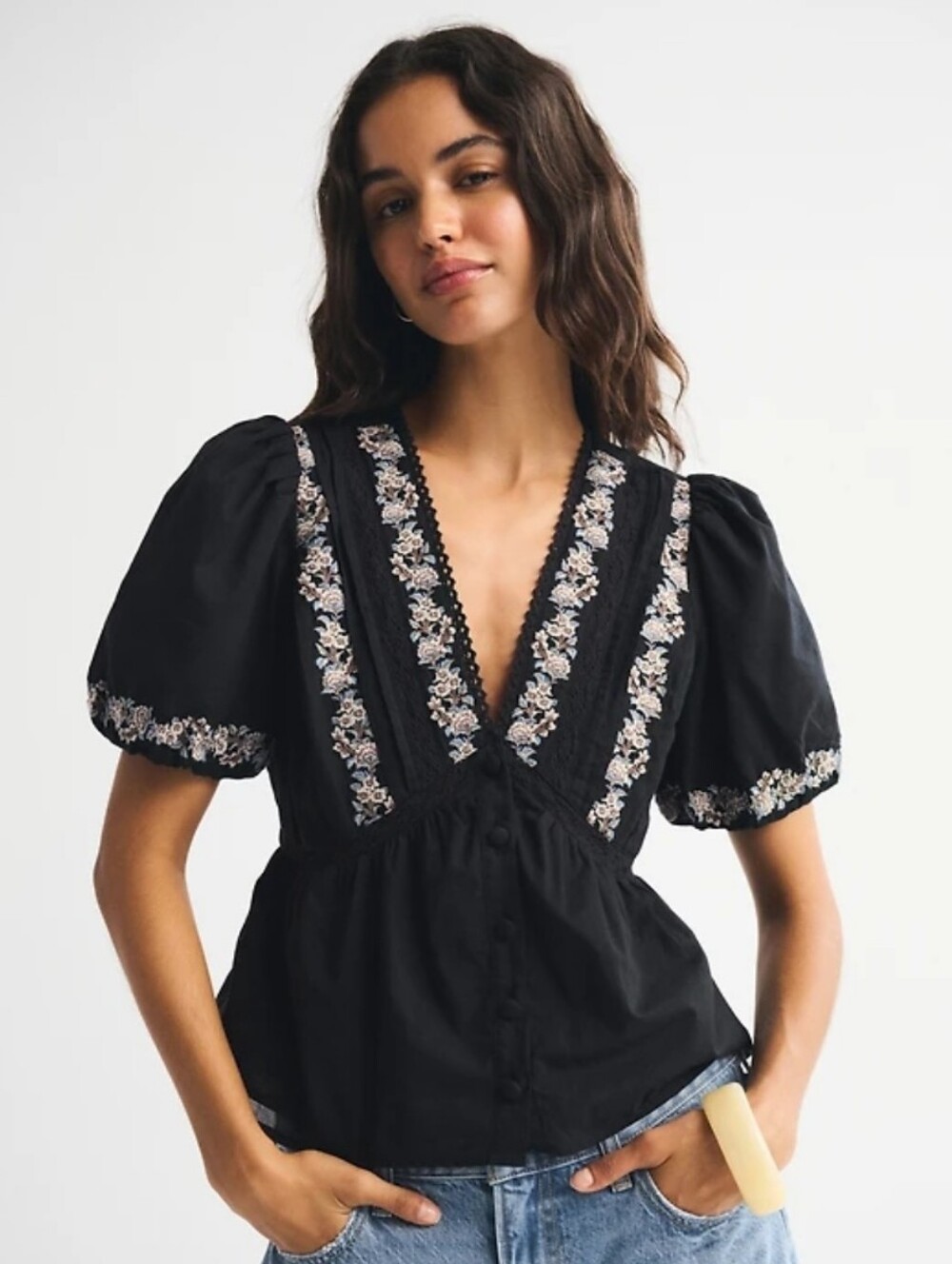 A&F Puff Sleeve Button-Through Top